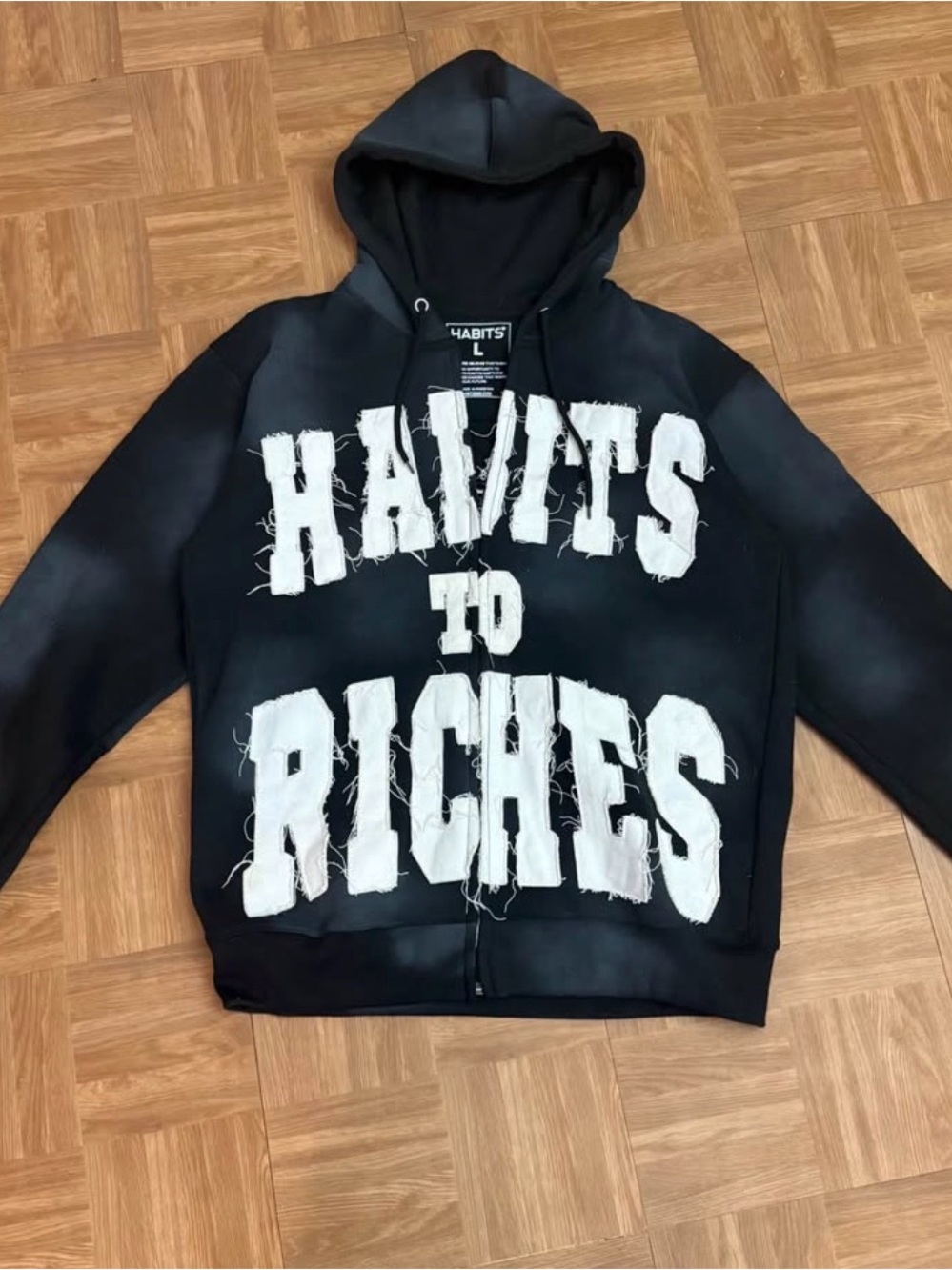 Habits To Riches Black Hoodie with White Appliqué L